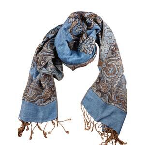 Blue Paisley Scarf Fringed Shawl Style Pashmina / Foulard Bleu Motif Cachemire